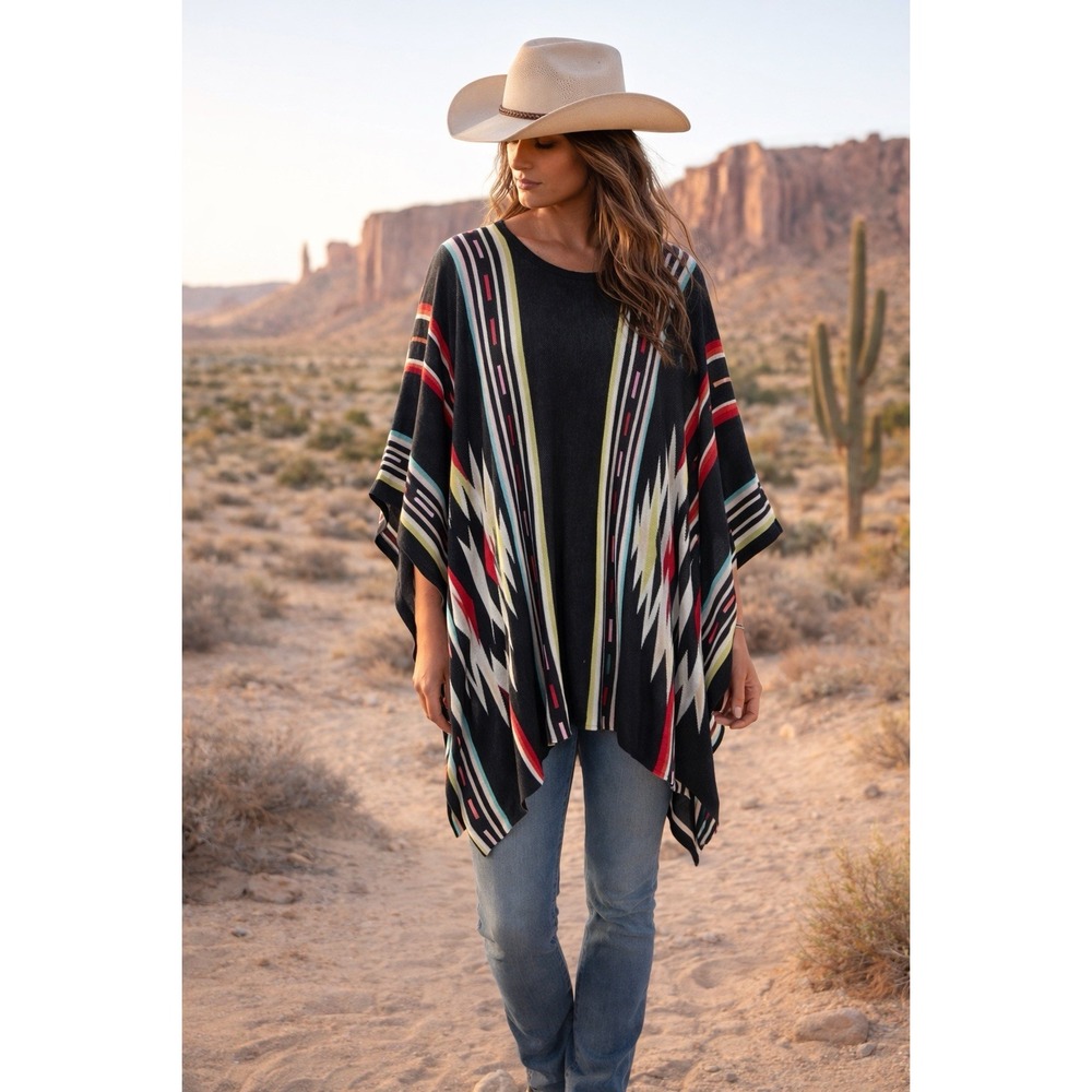Rancho Estancia Western Boho Poncho Black Turqoiuse Red Multi Cape Festival RR23